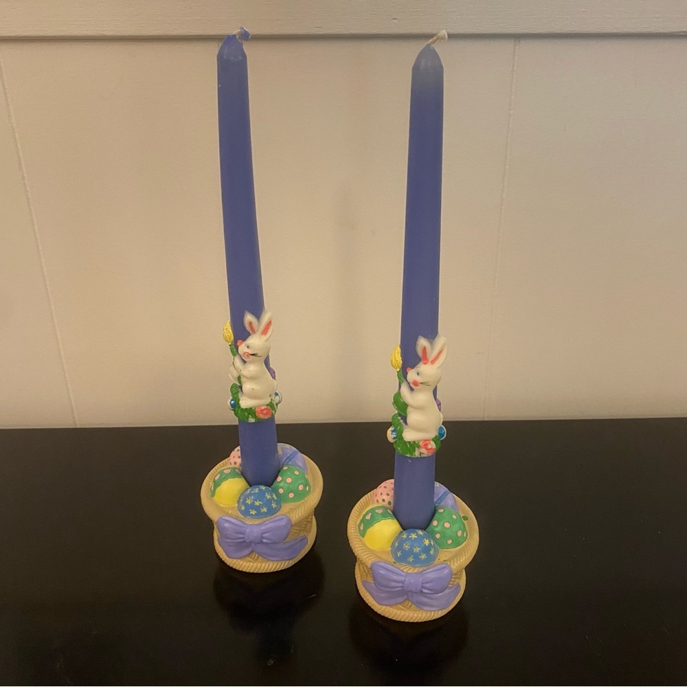 Set of 2 Vintage Easter Embossed Tapers & Ceramic Easter Basket Candle Holders